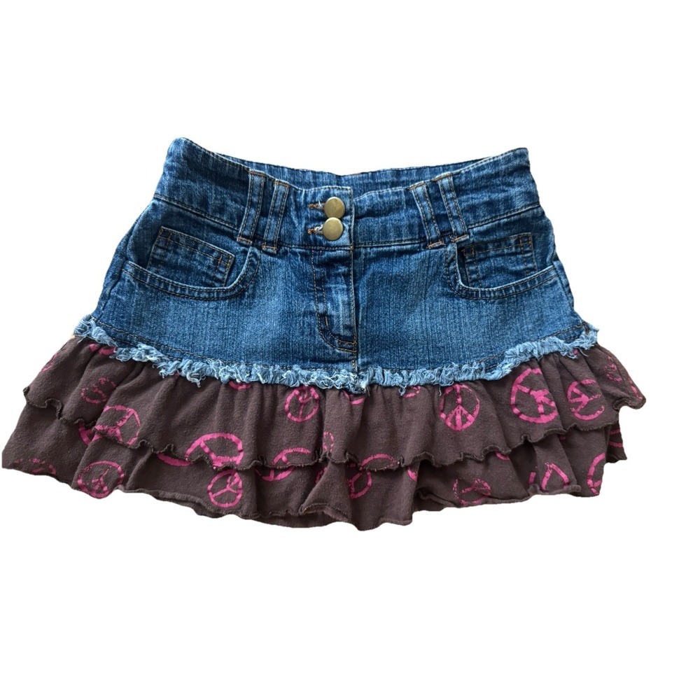 90s Y2K Joey B Girls‎ Denim Ruffle Skirt  Peace Sign Hippie Boho Girly Size 7